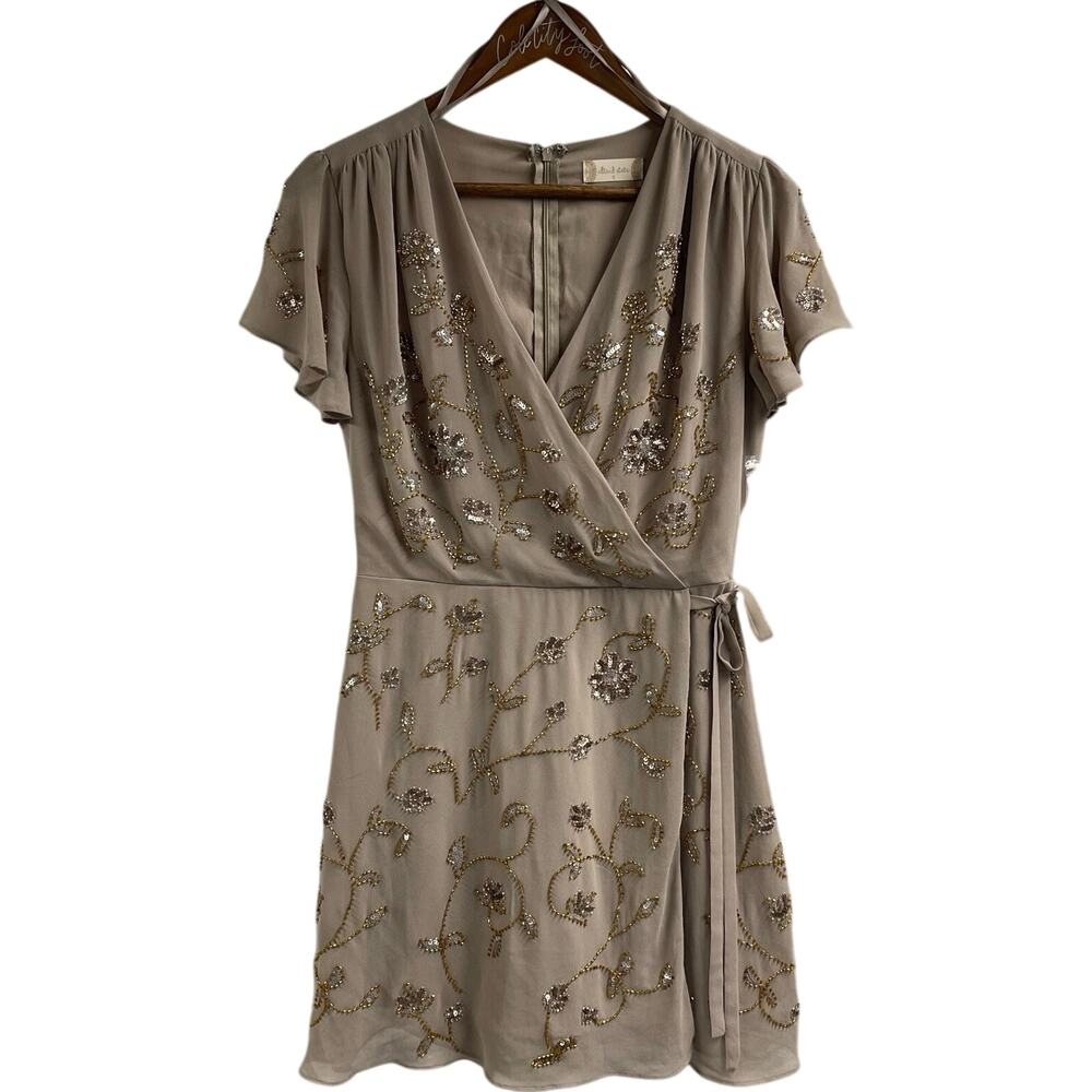Altard State Dress Beaded Wrap Style Flutter Sleeve Small Beige